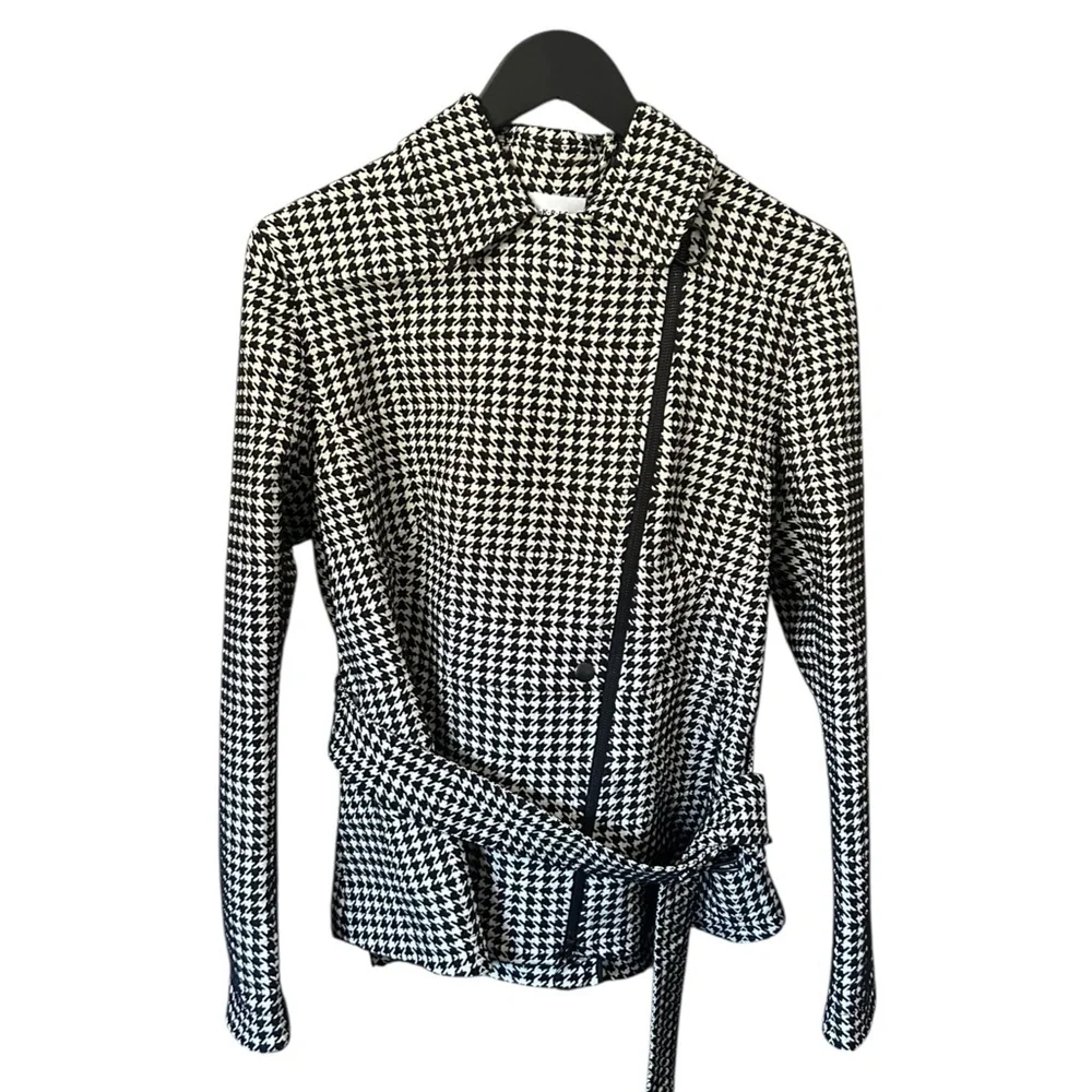 Akris Punto Belted Houndstooth Peplum Jacket Black White Zip-Up Luxury Size 10 - Picture 2 of 16